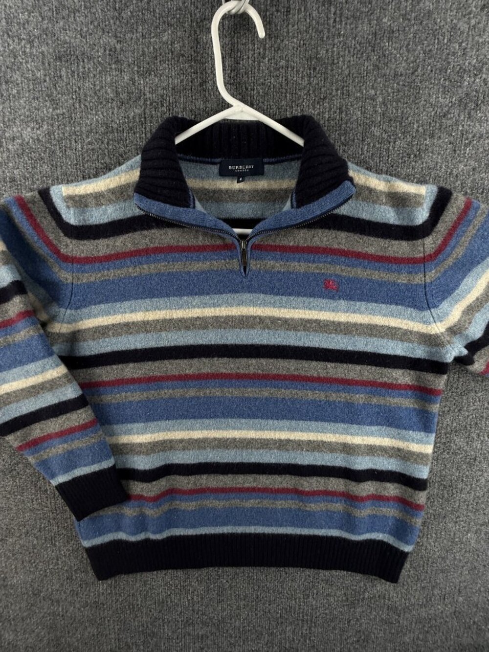 Burberry London 8 Long Sleeve Logo 1/4 Zip Striped Pullover Blue Gray Wool Mens